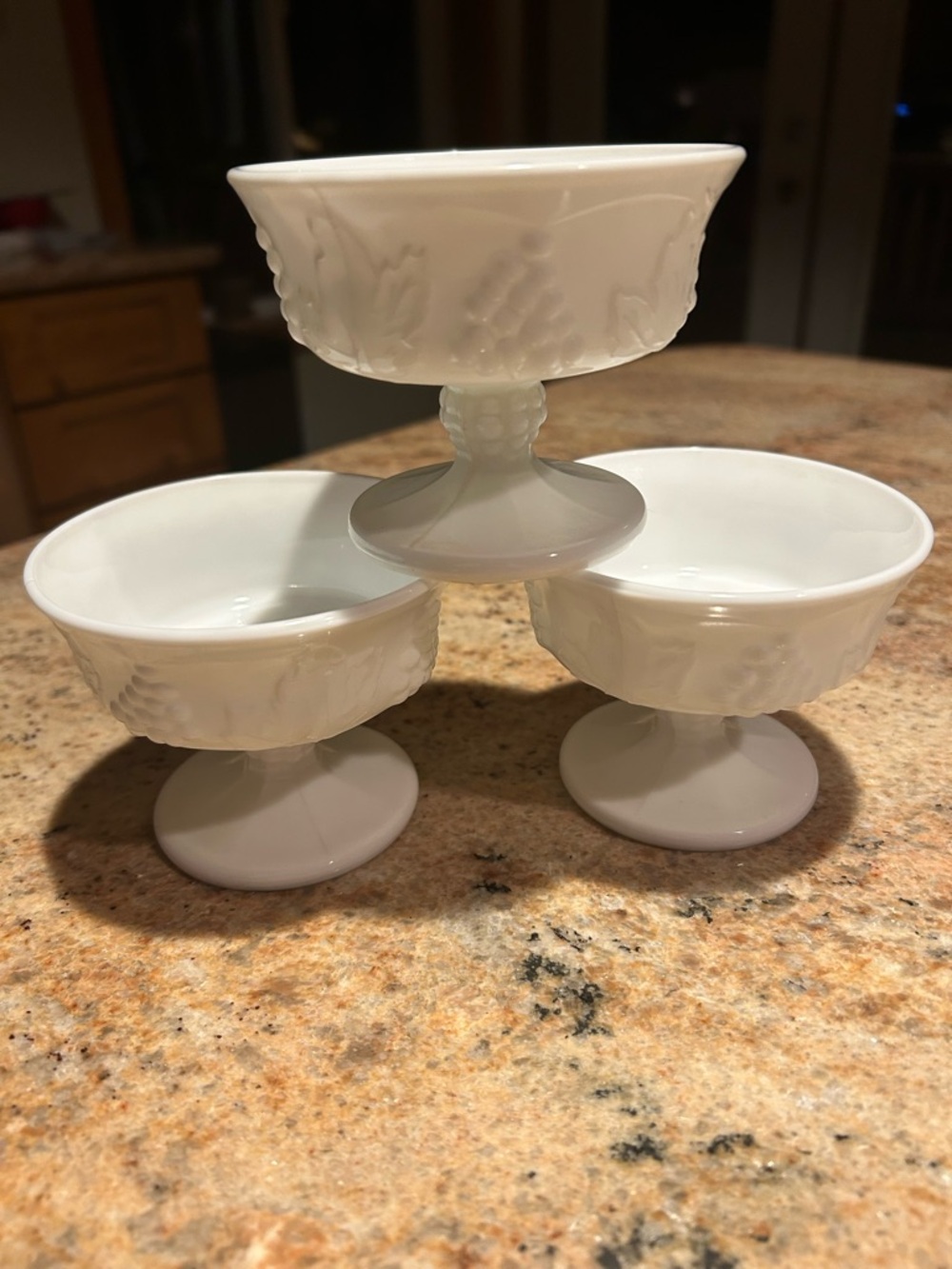 Indiana Glass “Colony Harvest” White Milk Glass Compotes Pedestal Dessert Bowls